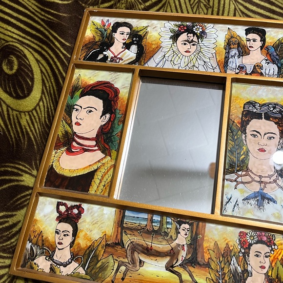 Frida Khalo Artisan Made Foil Painted Wooden Frame Mirror Made in Peru - Picture 4 of 8